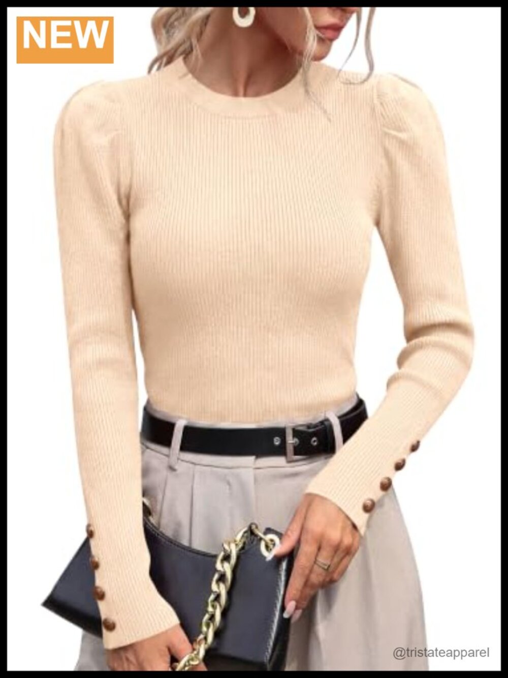 PRETTYGARDEN Women's Crew Neck Puff Sleeve Ribbed Knit Fall Sweater